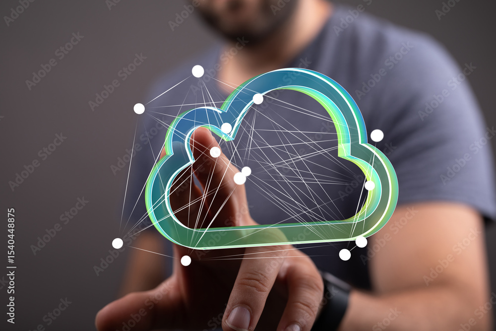 Aufkleber Man interacts with a digital cloud network, showcasing secure data and server technology.