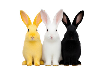 Fototapeta premium Three rabbits sit side by side, each with different color yellow, white, and black. Their ears are upright, and they appear calm and attentive. background is plain, highlighting rabbits vibrant