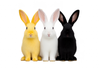 Three rabbits sit side by side, each with different color yellow, white, and black. Their ears are upright, and they appear calm and attentive. background is plain, highlighting rabbits vibrant