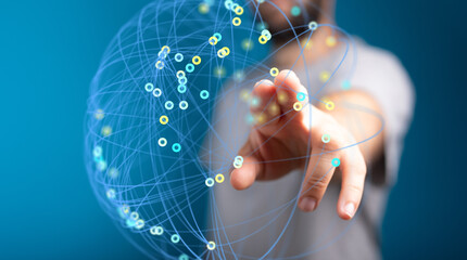 Hand interacting with a digital network, illustrating global connection and data visualization.
