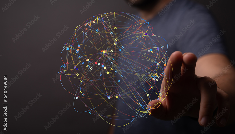 Aufkleber Abstract image of a person interacting with a digital network. Perfect for technology, connection, and global concepts.