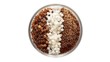 Colorful mix of brown sugar, white cubes, and grains in a bowl inspiring sweet baking ideas transparent background