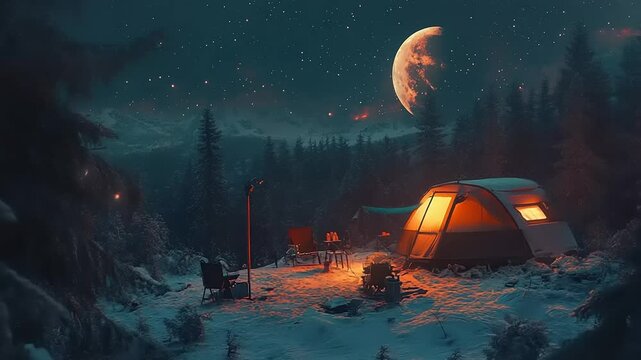 Cozy campsite under a starry night sky with a glowing tent and a campfire in the forest