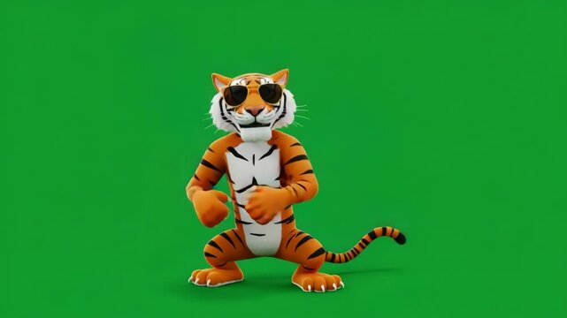 Cool Cartoon Tiger Dancing on Green Screen - A fun, cartoon tiger wearing sunglasses strikes a dynamic dance pose against a vibrant green screen background.