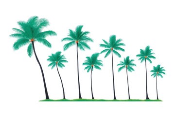 Row of seven stylized palm trees with lush green fronds and slender trunks creates tropical and serene atmosphere. trees are evenly spaced, evoking sense of calm and relaxation