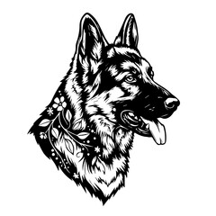 head german Shepherd with flower and leaf vector line art stencil art illustration , animal, illustration, vector, pet, dog, drawing, design, isolated, art, cute, black, graphic, sketch, breed, symbol
