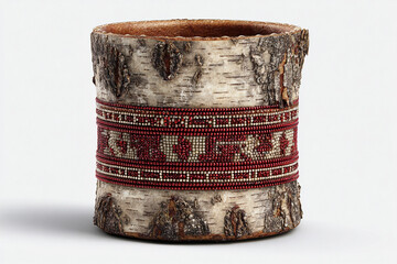 A photorealistic Cree birch bark cup with light brown bark