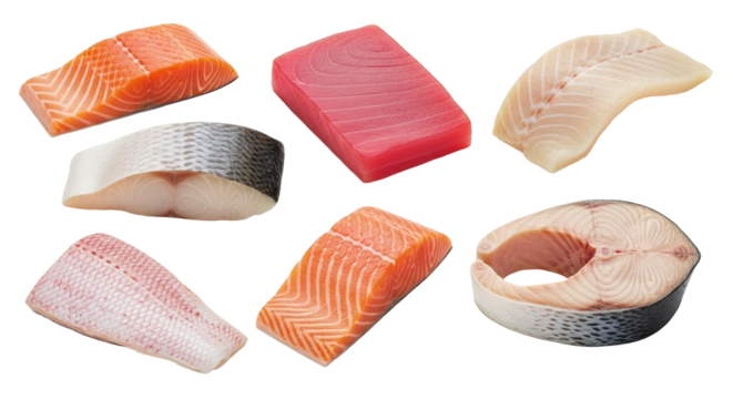 Fresh fish fillets selection salmon tuna cod sea bass and other types of seafood for healthy eating diet on transparent background
