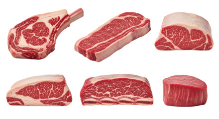 Different cuts of raw beef steak meat tomahawk ribeye new york strip short ribs tenderloin and chuck roast on transparent background