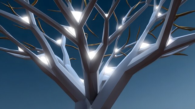 A futuristic, sculptural installation featuring an abstract, geometric tree with luminous, glowing branches, representing the intersection of nature and modern, innovative design.