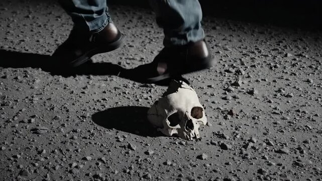 shatterd skull on the ground, a mans heel in sandals crushing the skull on a dirt covered ground