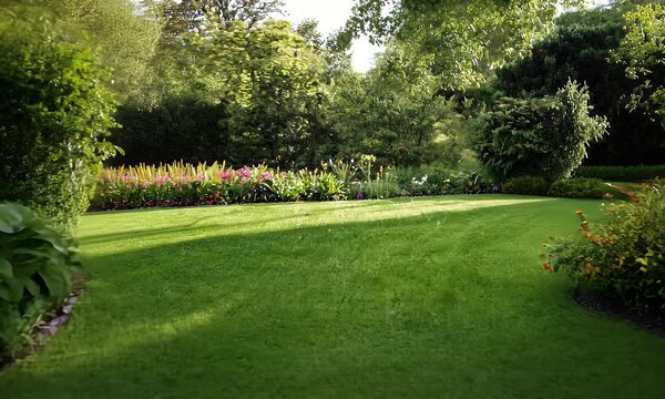 Lush Green Garden Lawn with Colorful Flowerbeds and Soft Sunlight in Tranquil Outdoor Scenery