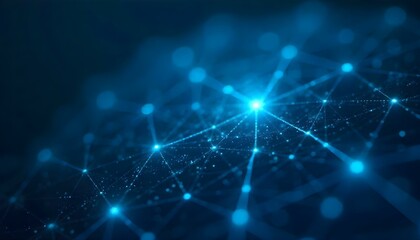 Obraz premium High-resolution digital tech background featuring interconnected nodes and data streams in vibrant cyan and dark navy, perfect for AI and innovation branding 