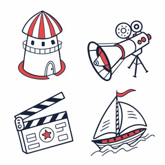 Naklejka premium Cute cartoon icons set filmmaking travel adventure