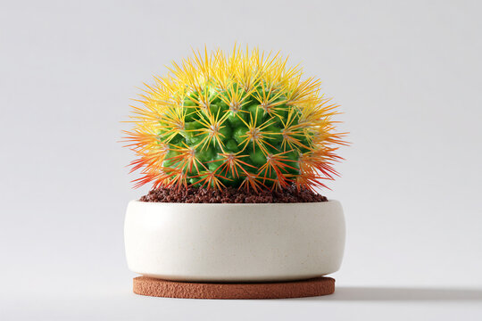 A photorealistic small cactus pot with a spiky green barrel cactus