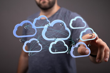 Secure cloud network, data storage, sharing, and management.  Modern technology concept.