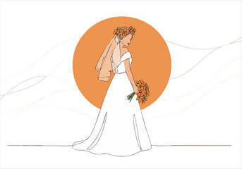 Elegant bride stands radiant, adorned with a floral crown, holding a bouquet. Soft, romantic style, perfect for wedding or celebration themes.