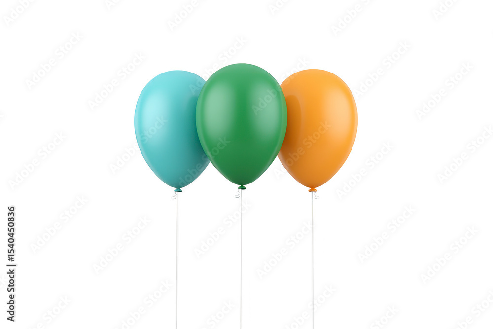 Poster three colorful balloons in blue, green, and orange are floating against transparency background, cre
