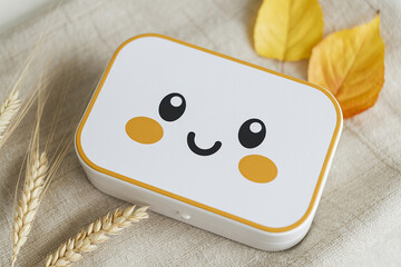 Cute White Box with Happy Face Design on Beige Fabric Background with Wheat and Autumn Leaves