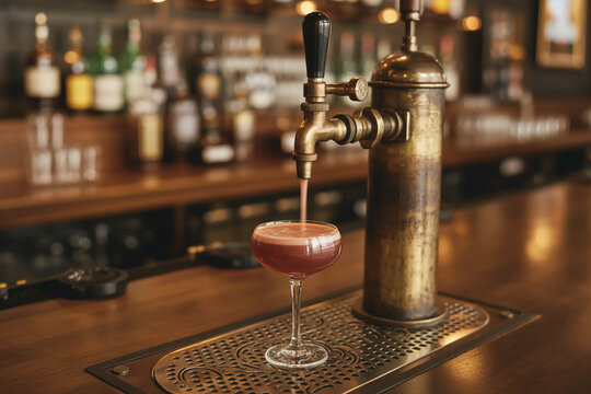 A cocktail being poured from a vintage tap into a coupe glass on a bar top with bottles behind it