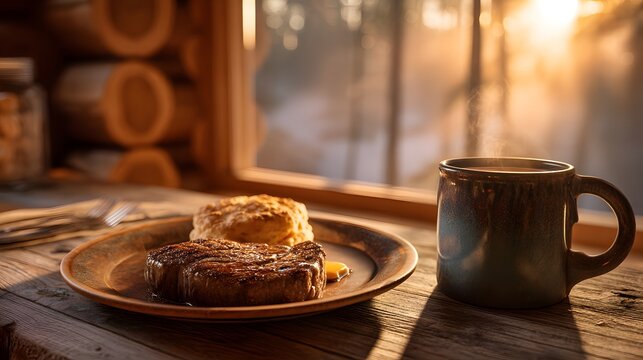 Steak and eggs plated on a rustic wooden table at a cozy cabin breakfast nook, golden sunrise streaming through a fogged window, flaky biscuit on a side plate with melting butter