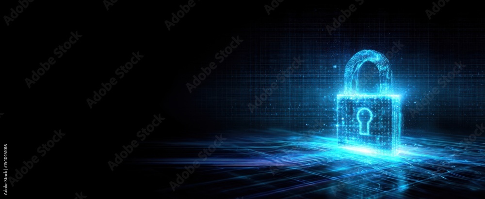 Poster the digital lock representing advanced cybersecurity in a virtual environment.