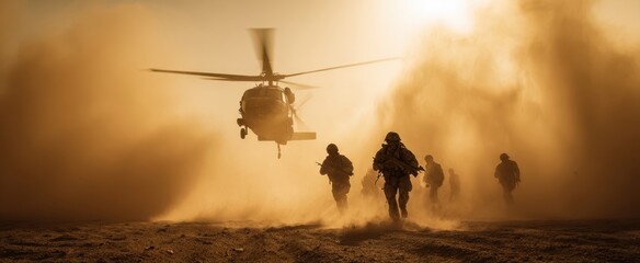 The helicopter transports soldiers through a dusty battlefield at sunrise.