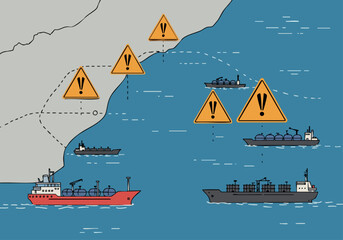 A maritime risk map highlights dangerous straits with warning symbols and shipping vessels. Illustrative style, clear visual communication.