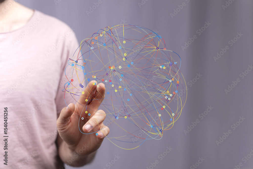 Poster Abstract image of a person interacting with a digital network, representing connection and data.
