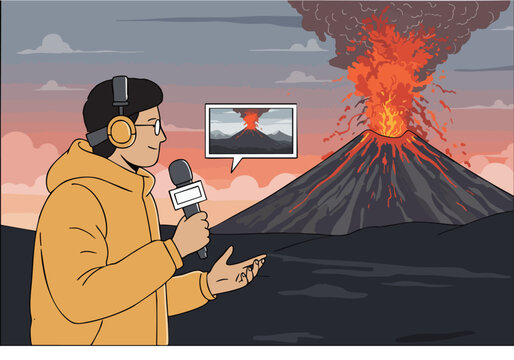 reporter broadcasts live from a volcanic eruption capturing the dramatic scene Dynamic composition vibrant colors and a clear focus on the event Perfect for news science or disaster themes