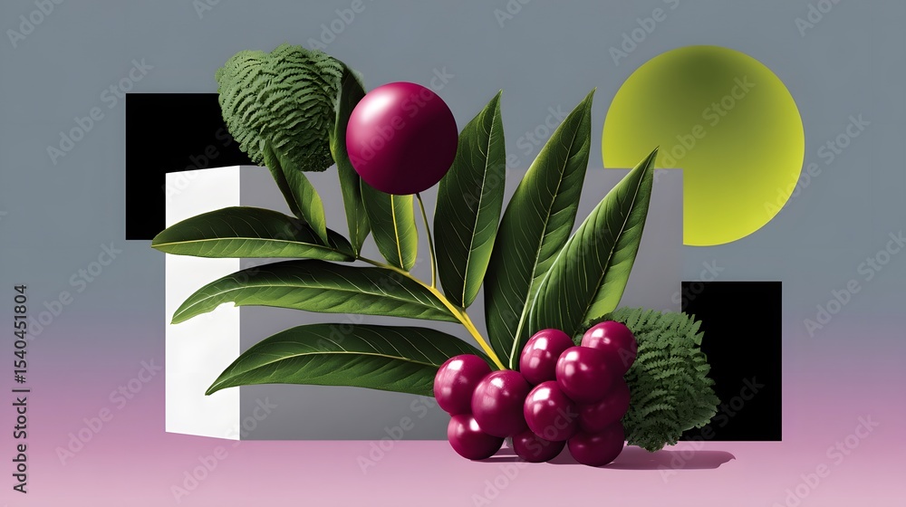 Poster striking geometric shapes and abstract forms harmonize with organic natural elements like leaves and