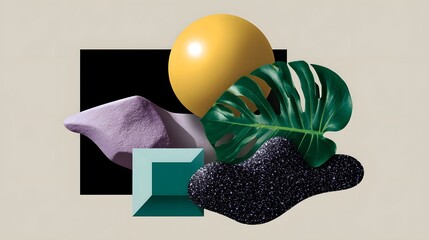 A visually striking surreal composition featuring abstract geometric shapes seamlessly integrated with organic natural forms, creating a modern and conceptual design.