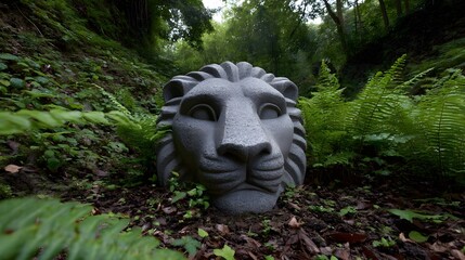 A massive, ancient stone sculpture of a lion's head emerging from the dense, verdant vegetation of a hidden jungle setting