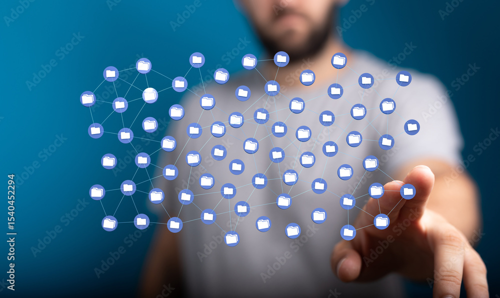 Poster image of a person interacting with a network of digital folders, representing data sharing and conne