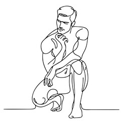 Suspicion: man in theatrical doubtful pose as minimalist single-line black drawing &mdash; emotional silhouette artwork. One line art.