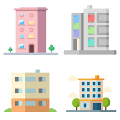 Different multi-storey apartment buildings showcase diverse architectural designs and colors. The structures feature distinct facades, windows, and greenery, presenting urban living options.