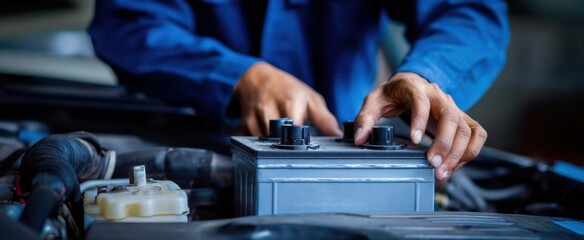 The mechanic replacing a car battery in a well-lit workshop setting.