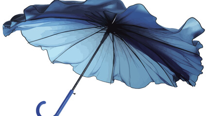 Close-up illustration of a blue umbrella, seemingly caught in a strong wind. The umbrella's fabric is depicted in shades of blue, ranging from a deep navy to a lighter sky blue.  The fabric is