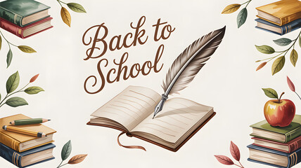 Back to School Illustration Featuring Books, Quill Pen, and Apple with Leafy Decoration
