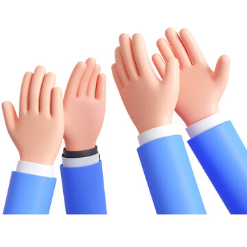 Three raised cartoon hands in blue sleeves, one with black wristband, gesture upward in friendly, collaborative manner, symbolizing teamwork and participation