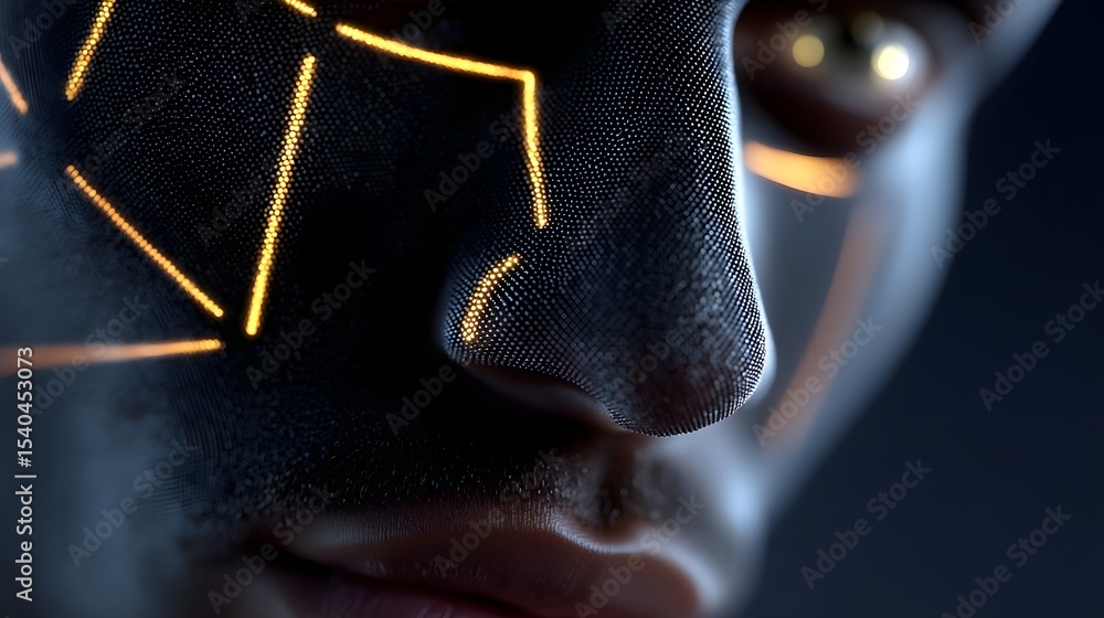 Poster close-up of a futuristic male face composed of illuminated geometric shapes and digital textures, cr