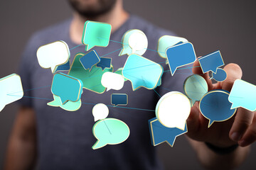 Abstract image of interconnected speech bubbles, symbolizing global communication and networking.