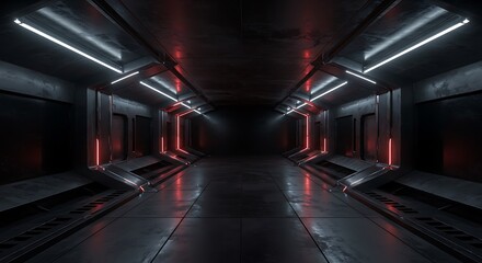 Obraz premium Dark Futuristic Corridor with Red Accent Lights and Reflections
