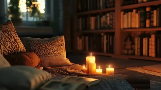 Cozy living room scene with candles on a sofa, warm lighting, bookshelves in background