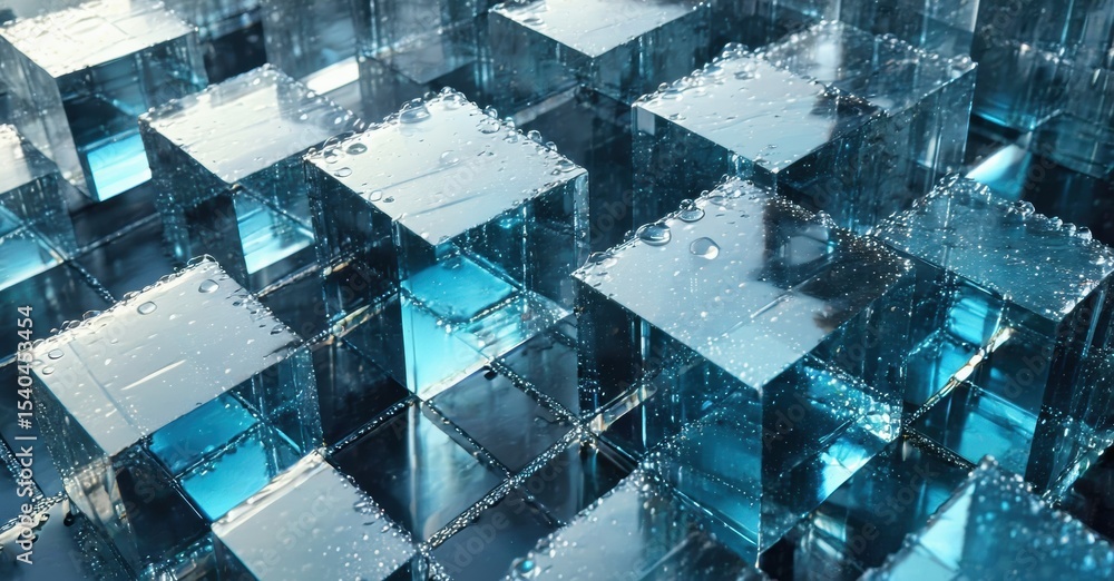 Poster abstract cubic structure. blue tones dominate, water droplets visible. reflective surfaces create de