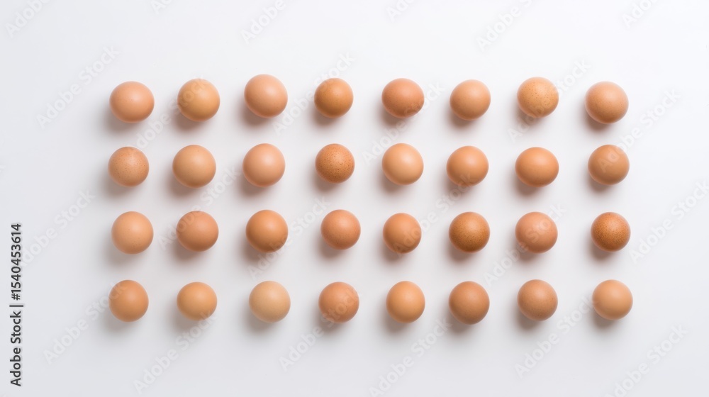 Poster thirty-two brown eggs arranged in four neat rows on a plain white background with smooth matte surfa