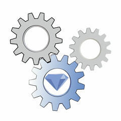 A close-up of golden gears and cogs, with intricate details and sharp edges. The background is black to highlight the metallic texture and reflective surfaces. There's an emphasis on light reflections