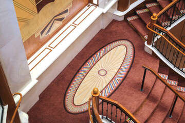 Opulent Art Deco interior architecture inside lobby, atrium or foyer on modern ocean liner style...