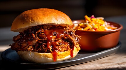 BBQ pulled pork heaped on a soft brioche bun with smoky sauce dripping down, side of crunchy coleslaw in a small ceramic bowl, warm late afternoon light highlighting juicy meat fibers and glossy sauce