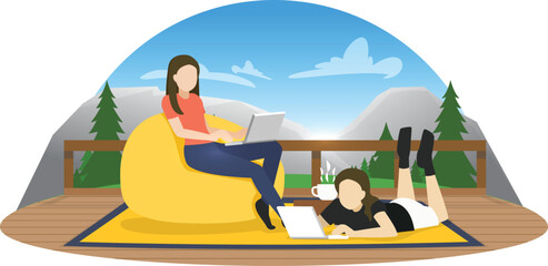 Peaceful Work from Cabin Balcony in the Mountains - illustration vector